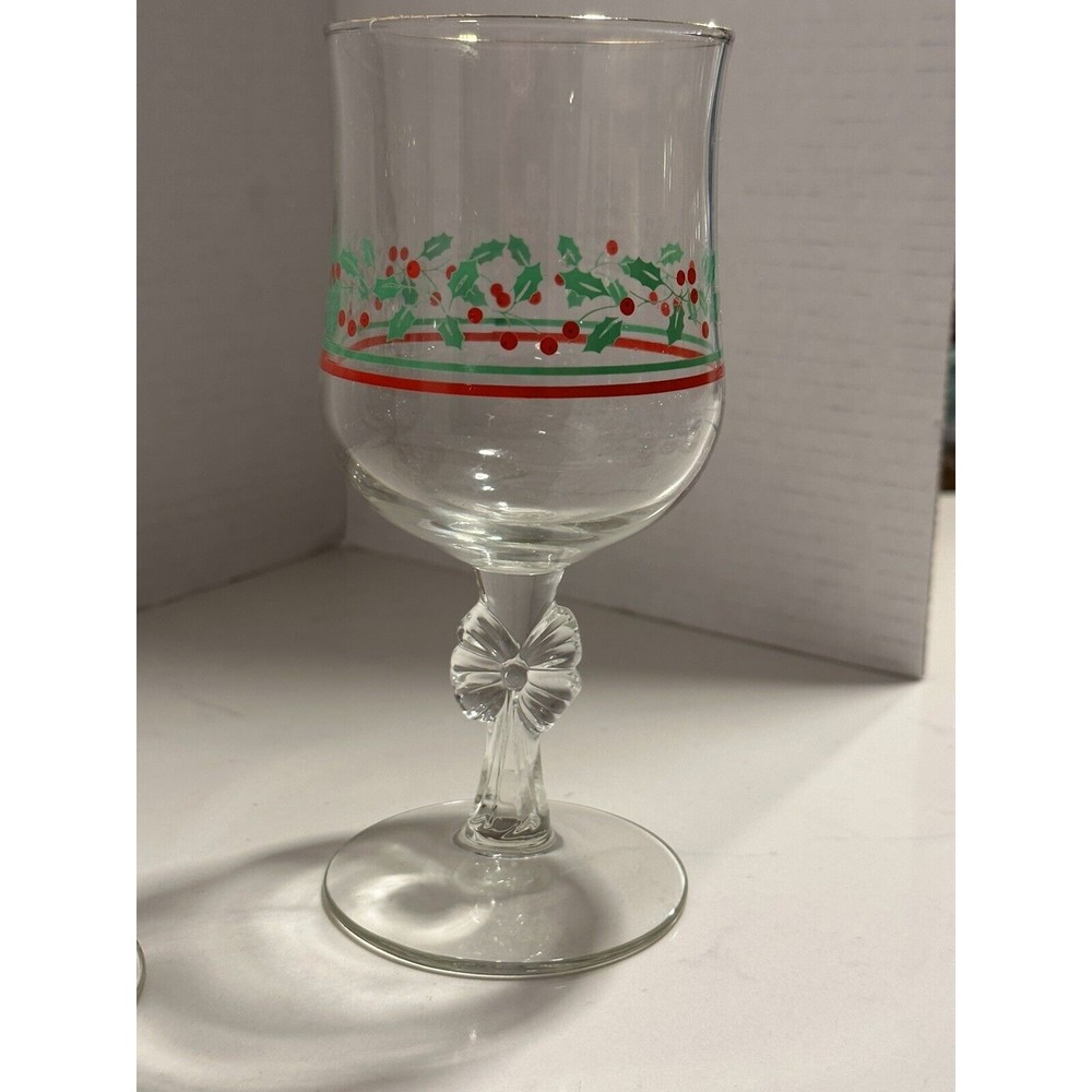 Arby’s Christmas Holly Berry Bow Stem Holly Vtg Goblets Libbey Parfait Bowl Set - Picture 14 of 16